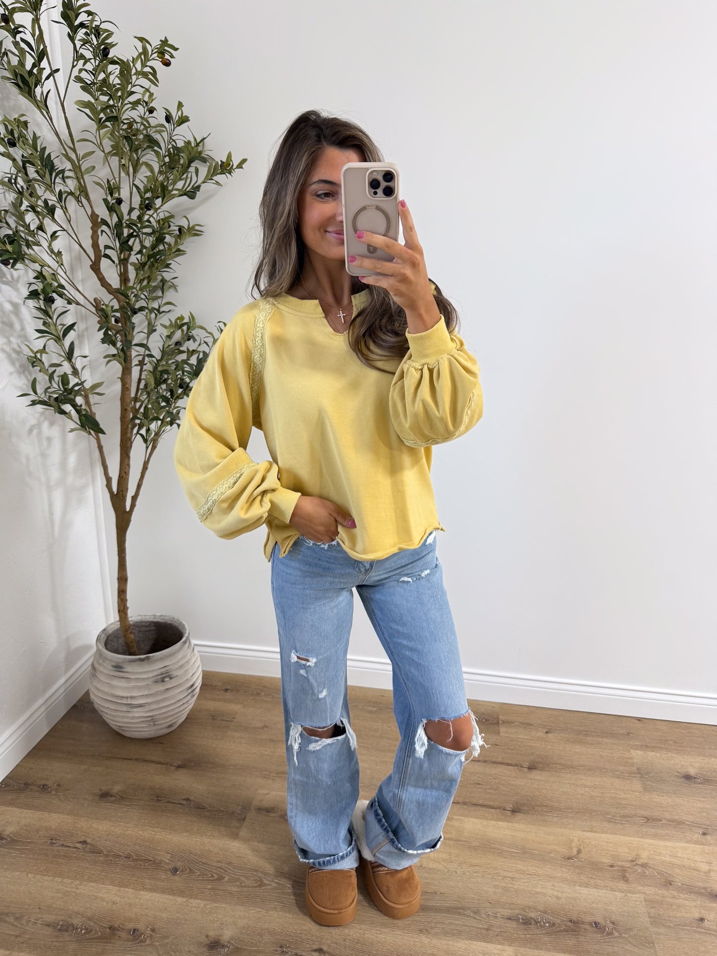 Maplewood marigold lace detail top