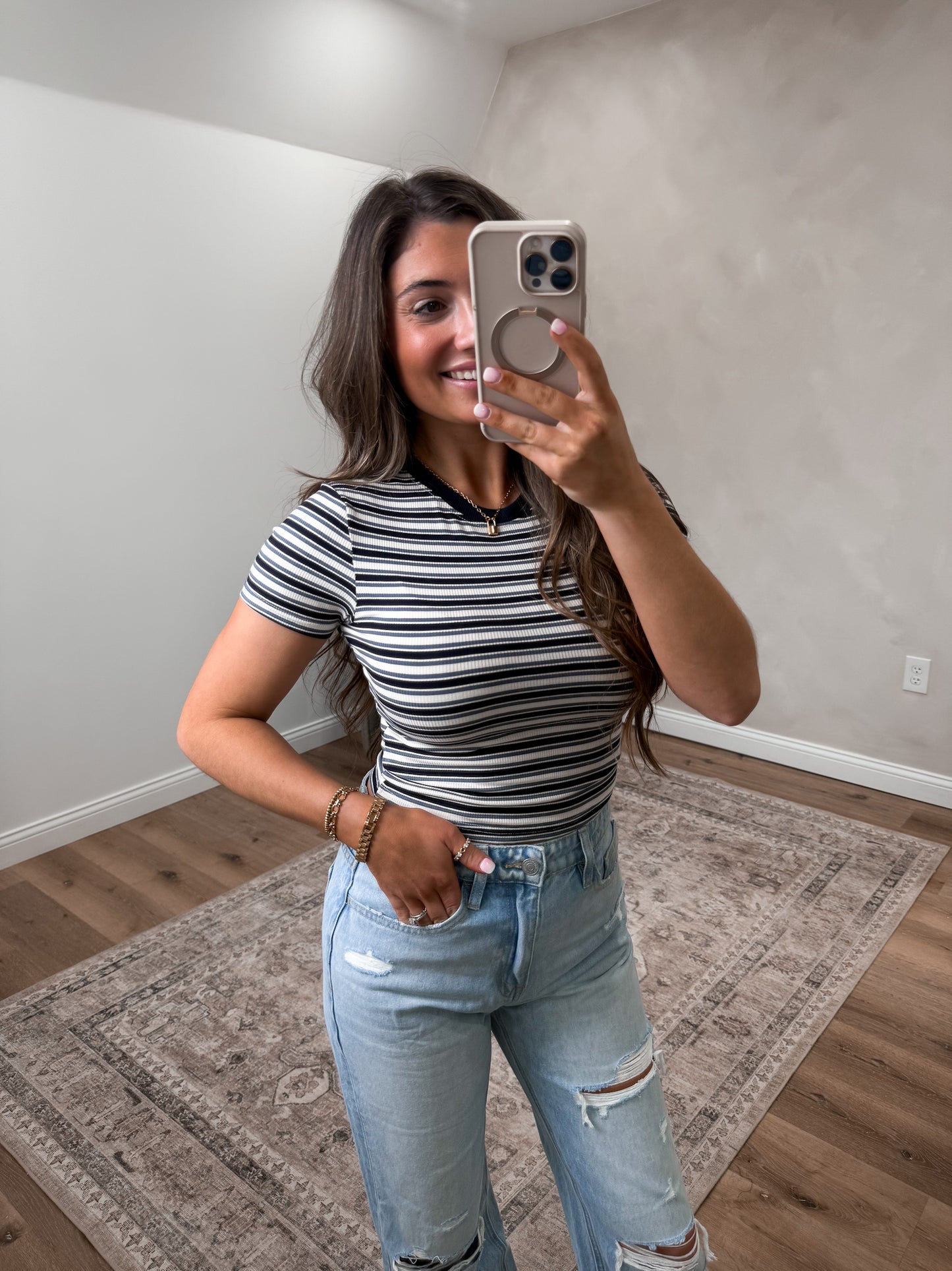 Striped Rayon Ribbed Tee - navy multi