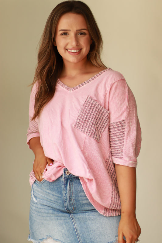 Candace Casual Vneck Top- Pink