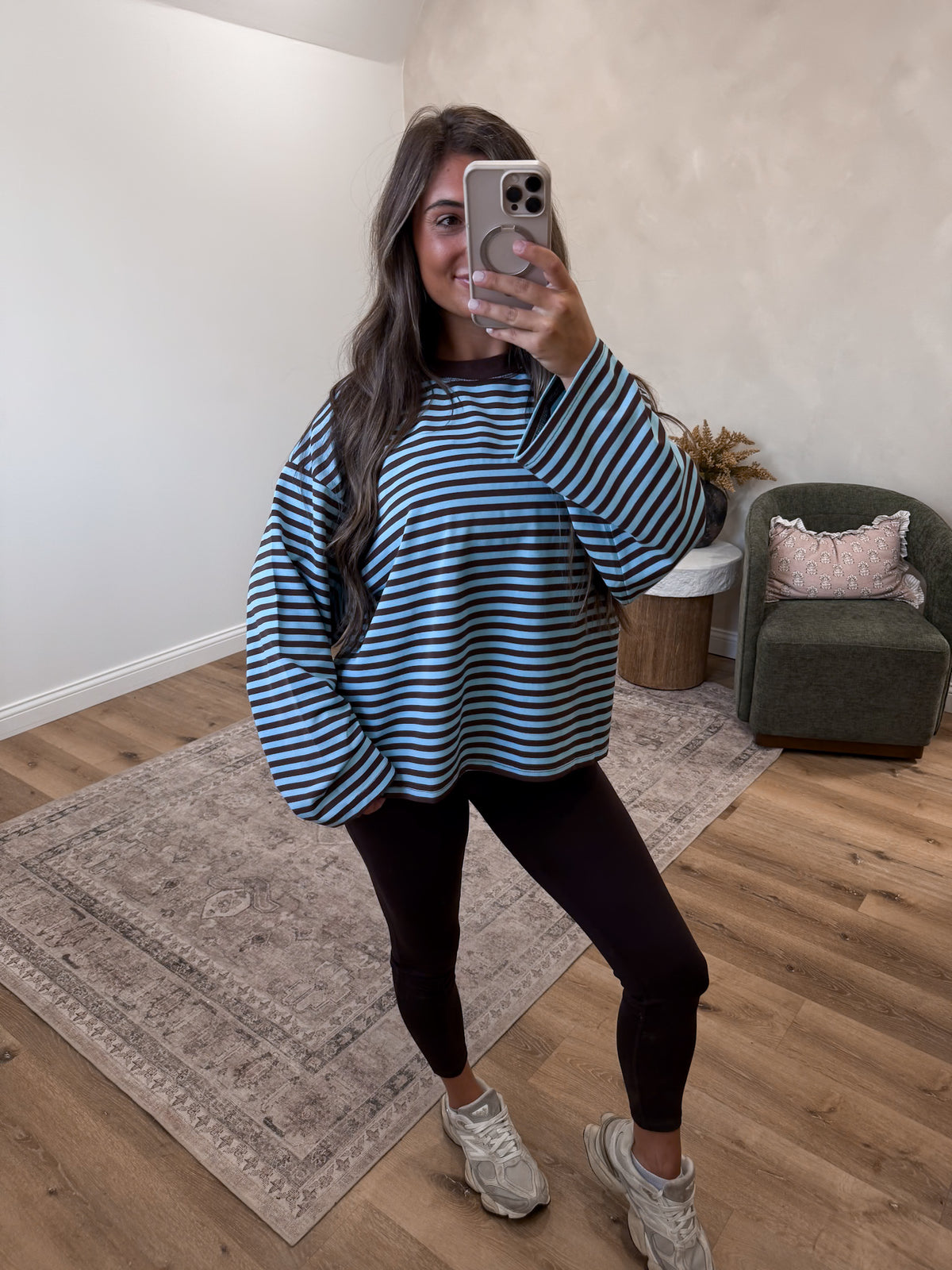 Perfect Day Oversized Stripe Long Sleeve Top - Blue/ Brown