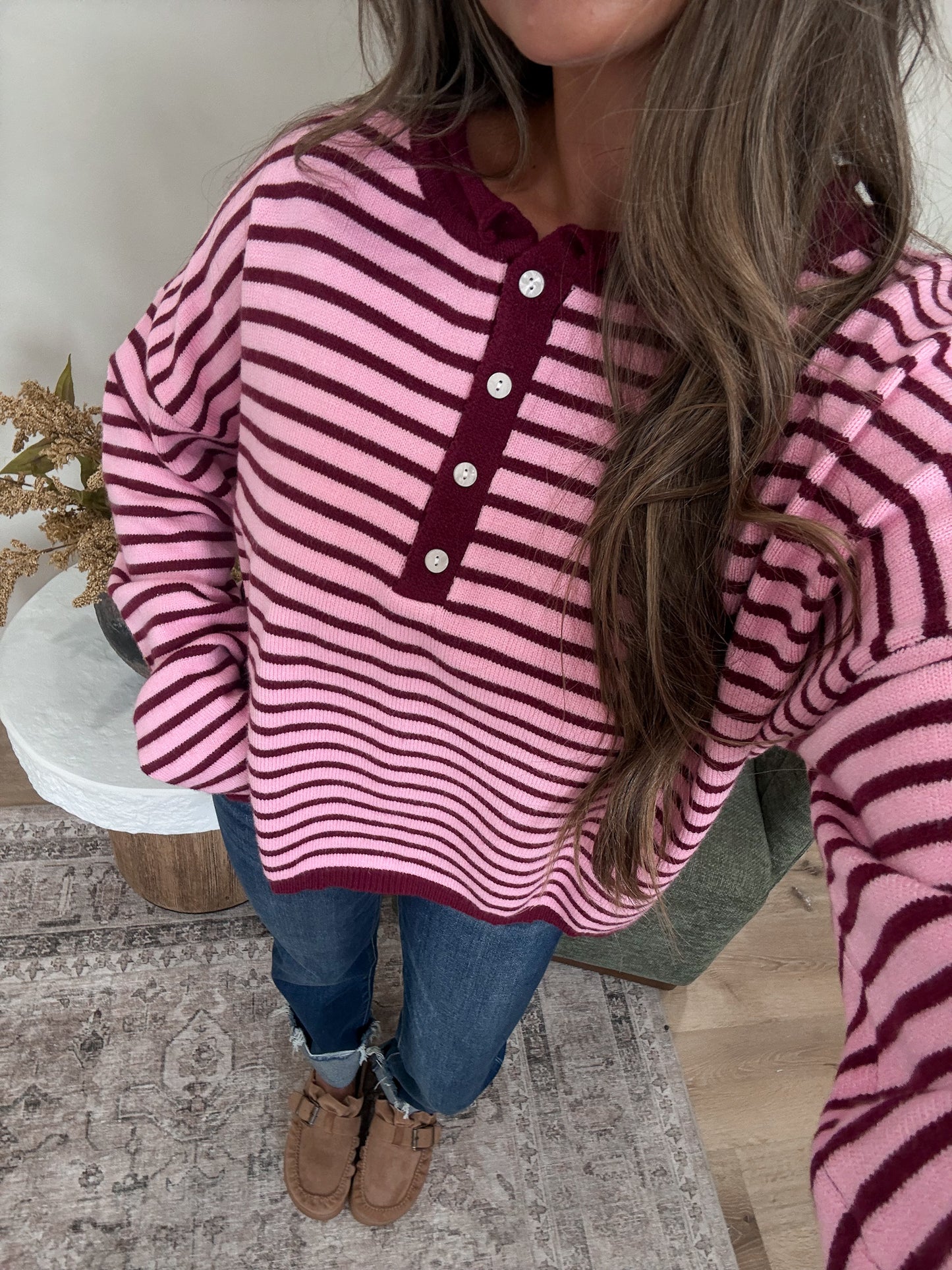 Striped Henley Pullover - pink/burgundy