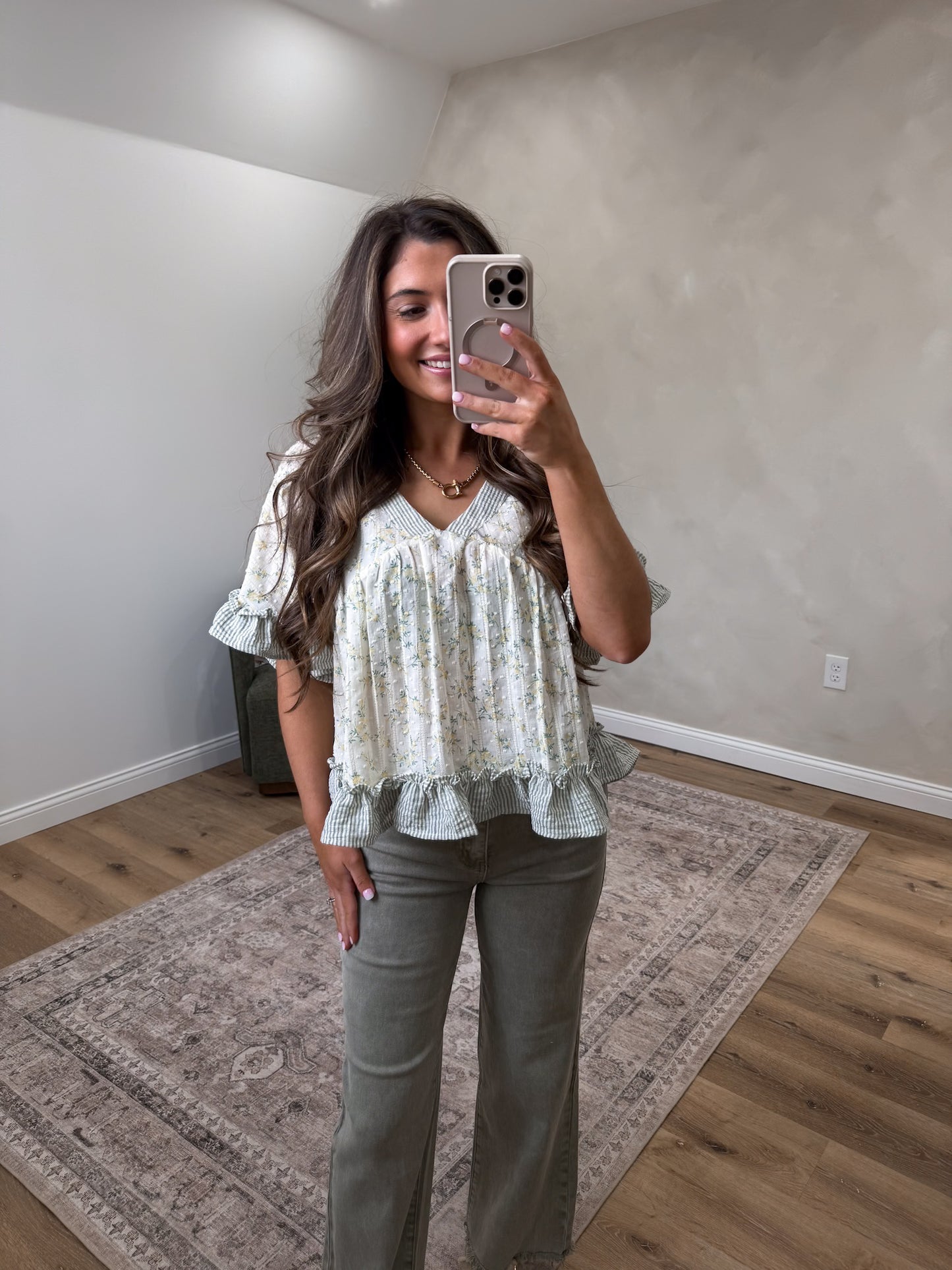 Golden Hour Floral Ruffle blouse - Sage