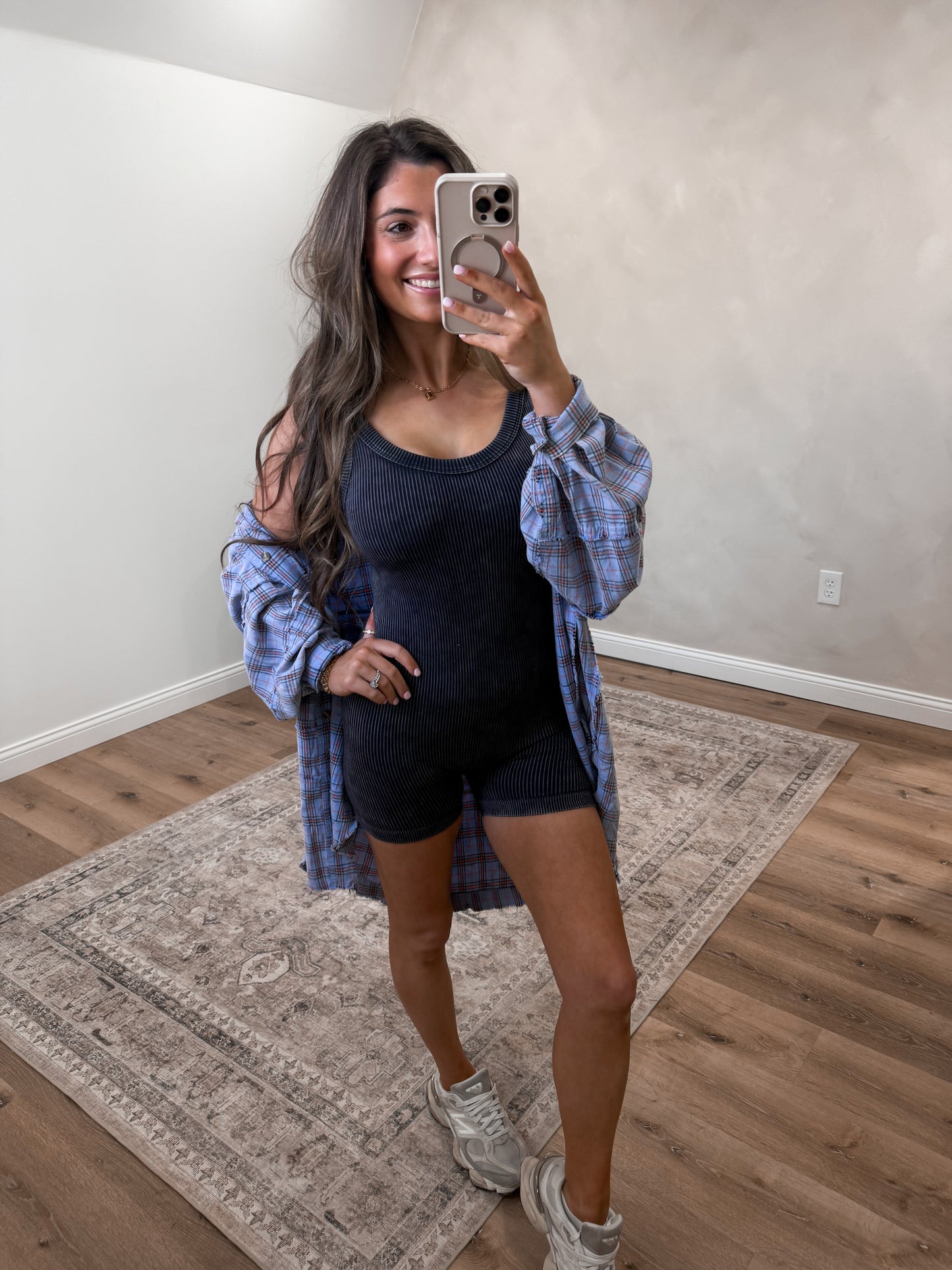 Stone Washed Ribbed Romper- ash black