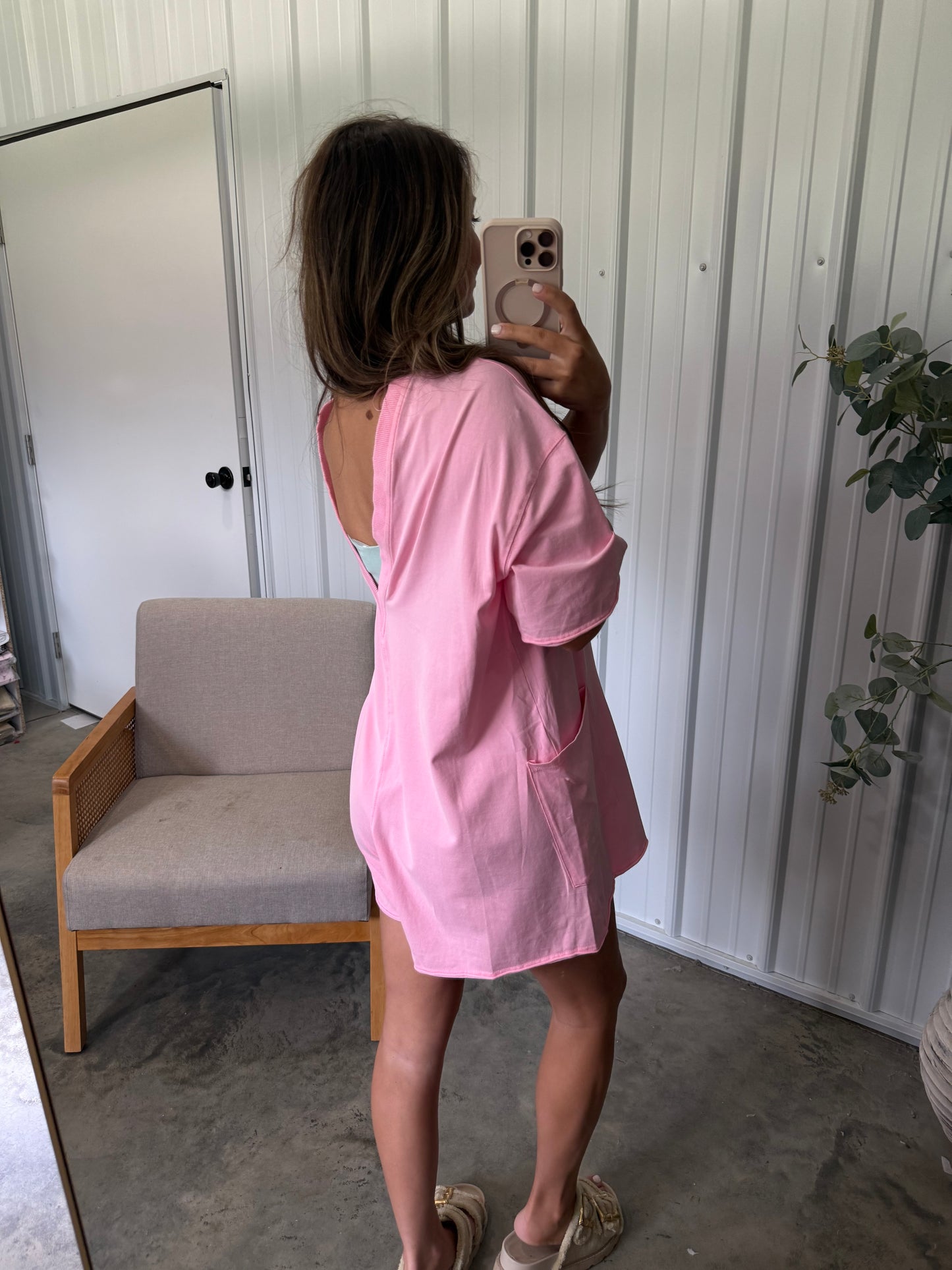 Open Back Washed Romper- Light Pink