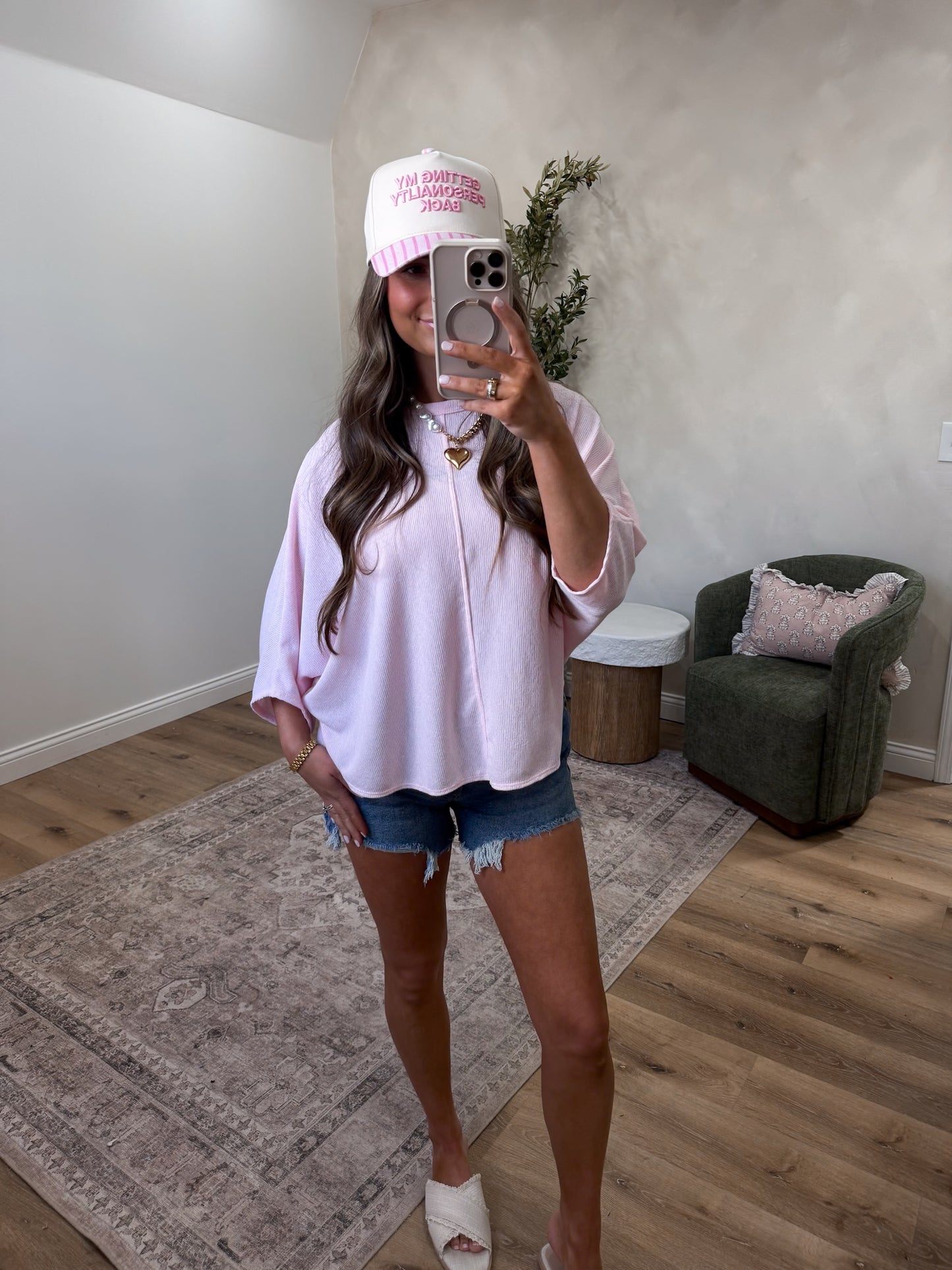 Getting My Personality Back Trucker Hat - beige/pink stripe