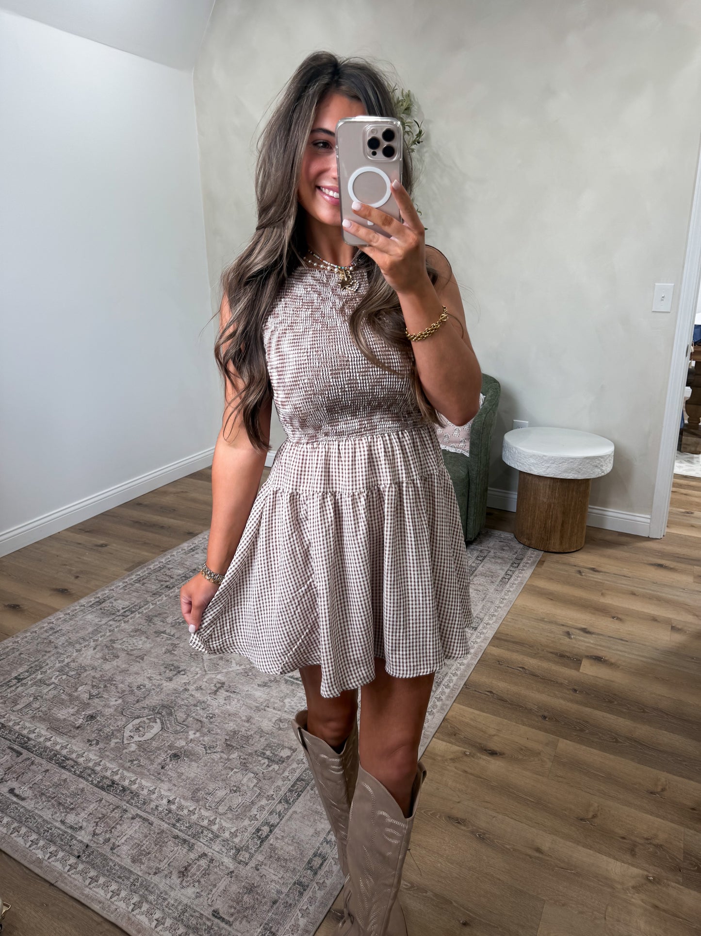 Rustic Bloom Gingham Smocked Mini Dress - brown