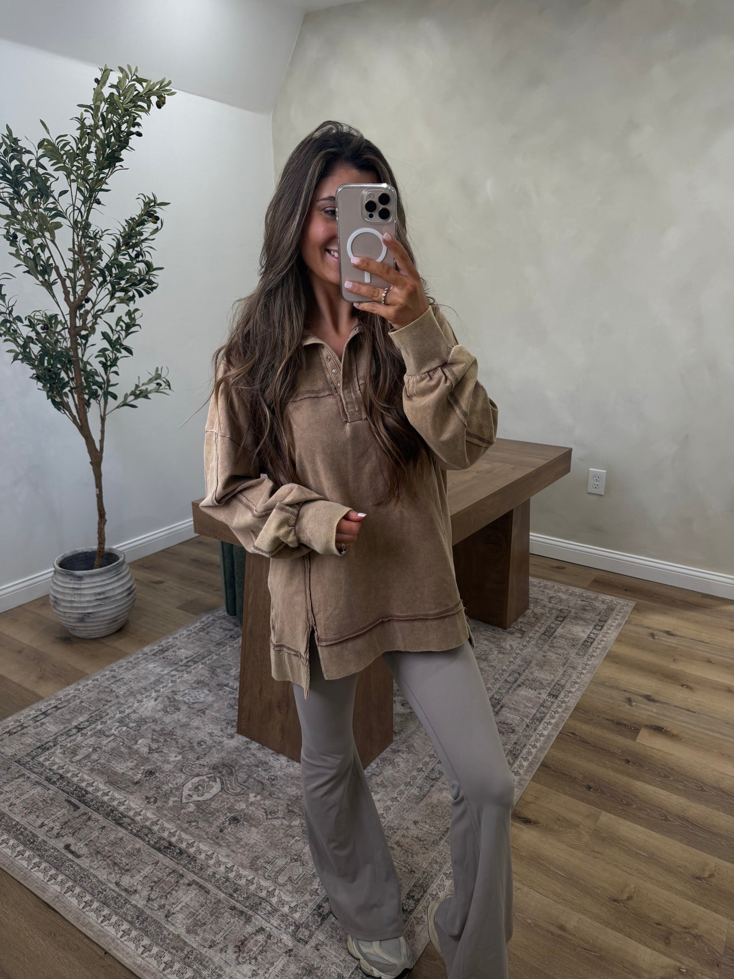 Half Button Oversized Washed Pullover- Mocha