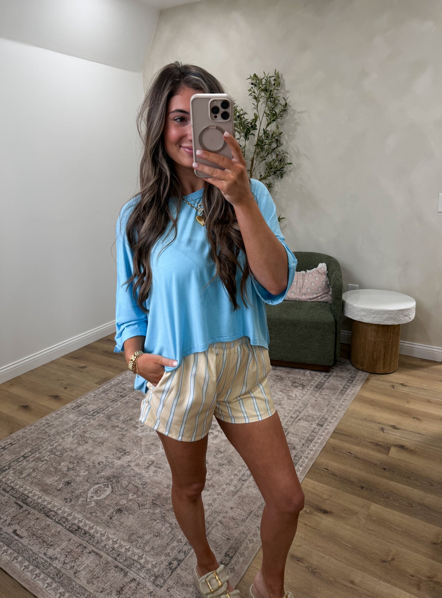 Lemonline Striped Elastic Waist Shorts - yellow multi