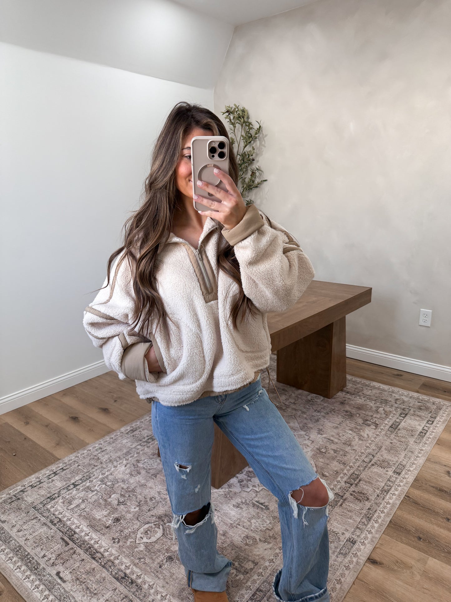 Toasted vanilla Sherpa Quarter Zip- Ecru