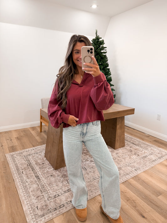 Mineral Washed Casual Long-sleeve Top- Wine