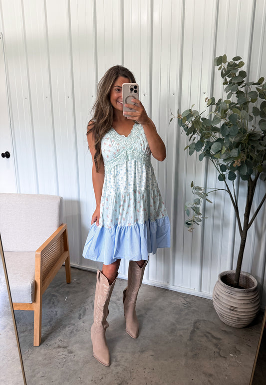 Lauryn Lace Trimmed Dress- Light Blue Combo