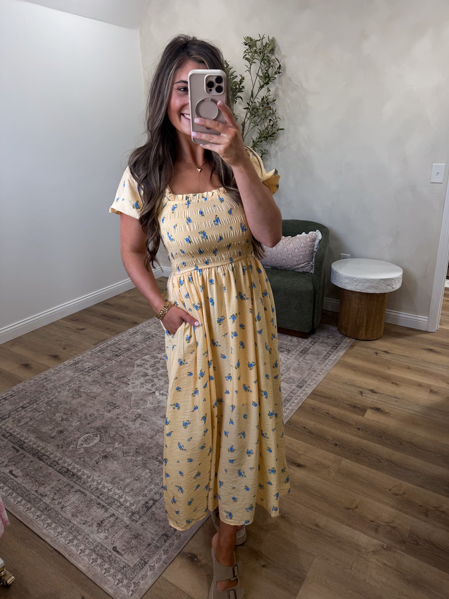 Lemonberry Smocked Floral Midi Dress - yellow/blue