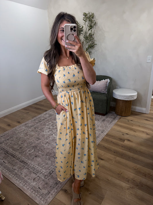 Lemonberry Smocked Floral Midi Dress - yellow/blue