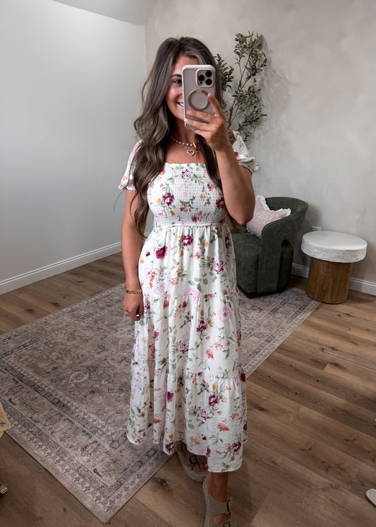 Garden Haze Floral Smocked Midi Dress - ivory