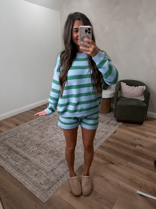 Harborline Relaxed Stripe Knit Short Set - JADE/BLUE *FREAKY FRIDAY SURPRISE ITEM*