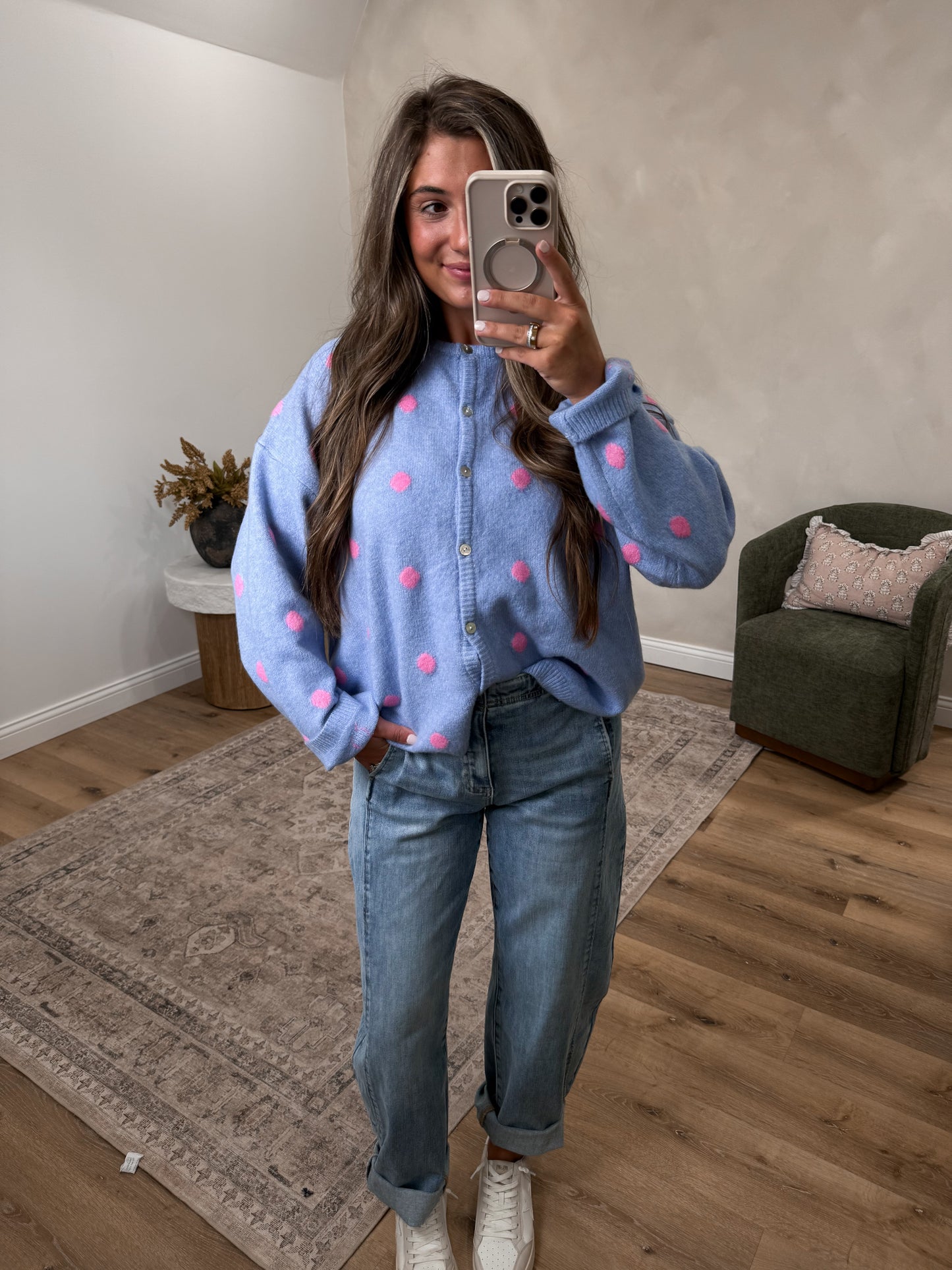 Penny Polka Dot Cardigan - light blue/pink