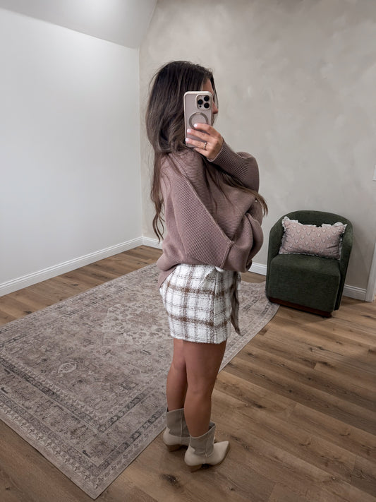 Chesnut Plaid Wrap Front Mini Skort - ivory/brown