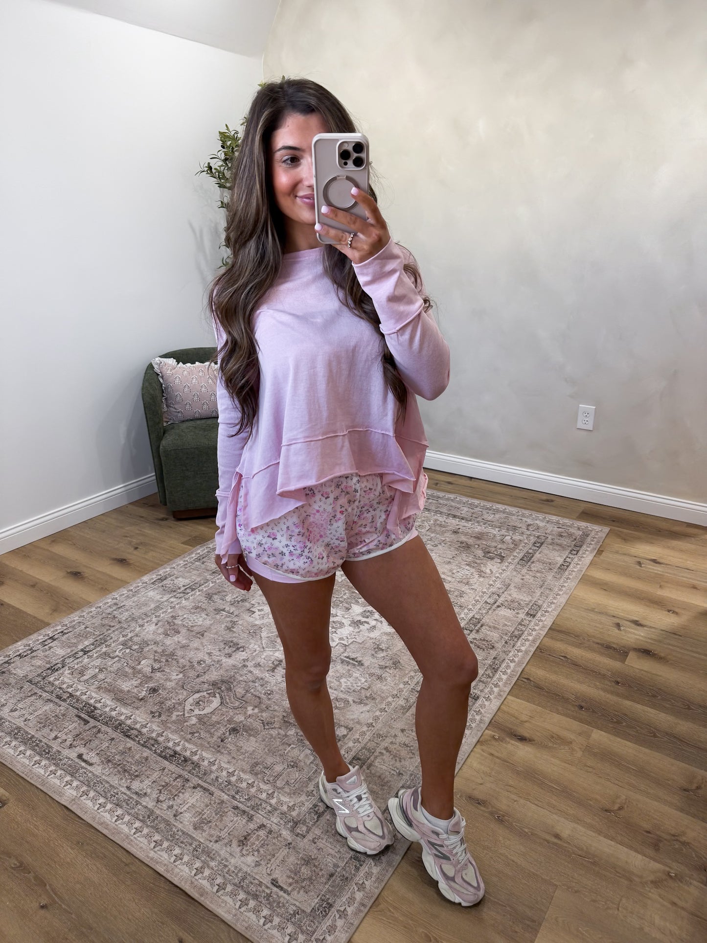Patchwork Print Double Layered Athletic Shorts - pink