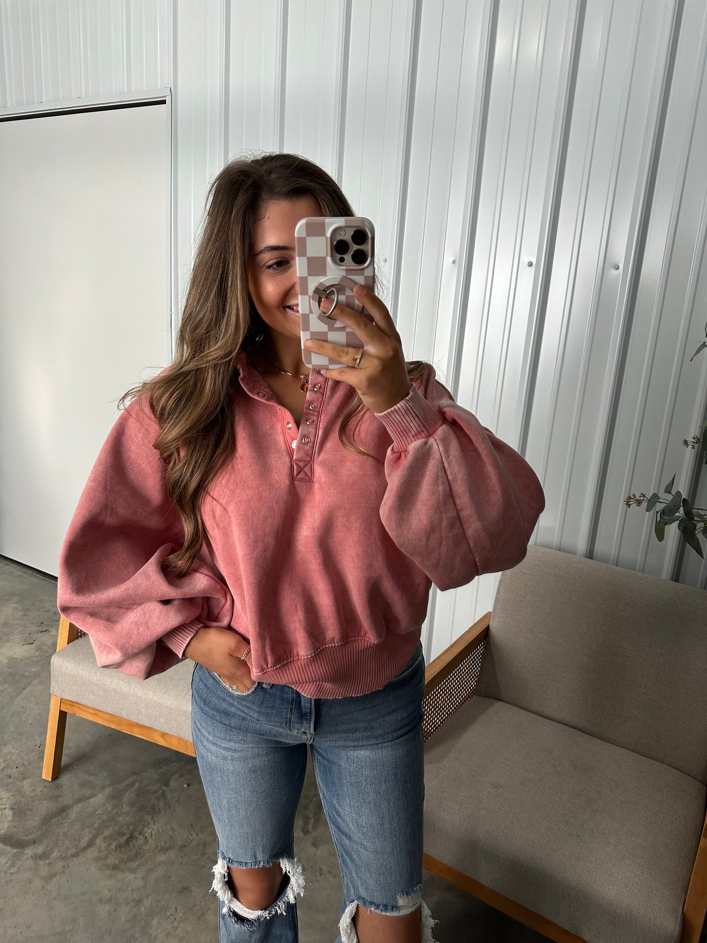 Megan Button Up Pullover - Ash Rose