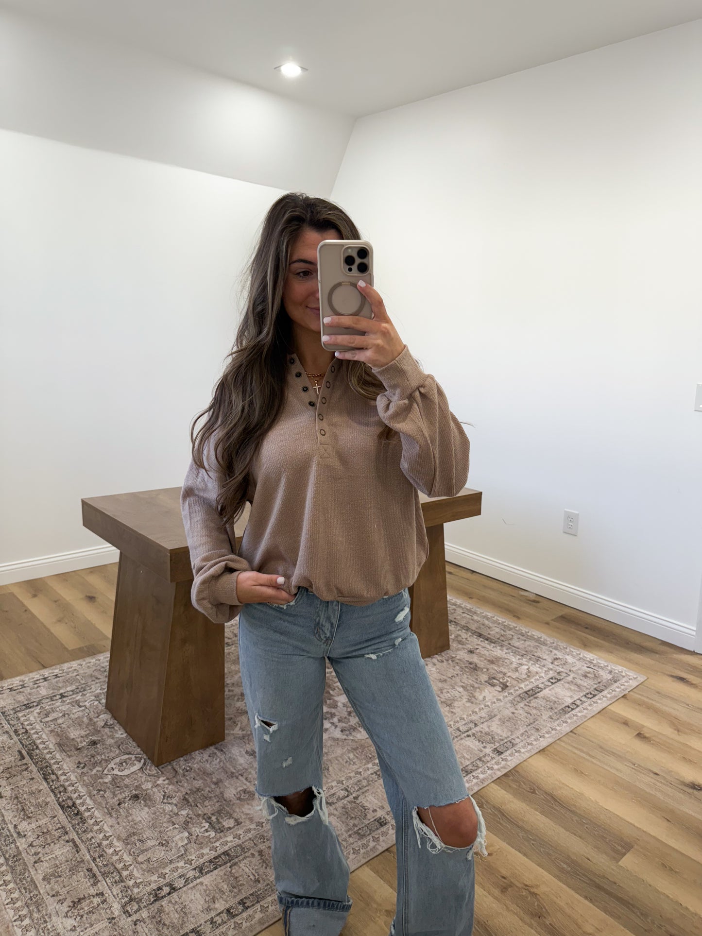 Collared Half Snap Long Sleeve Knit Top-Khaki