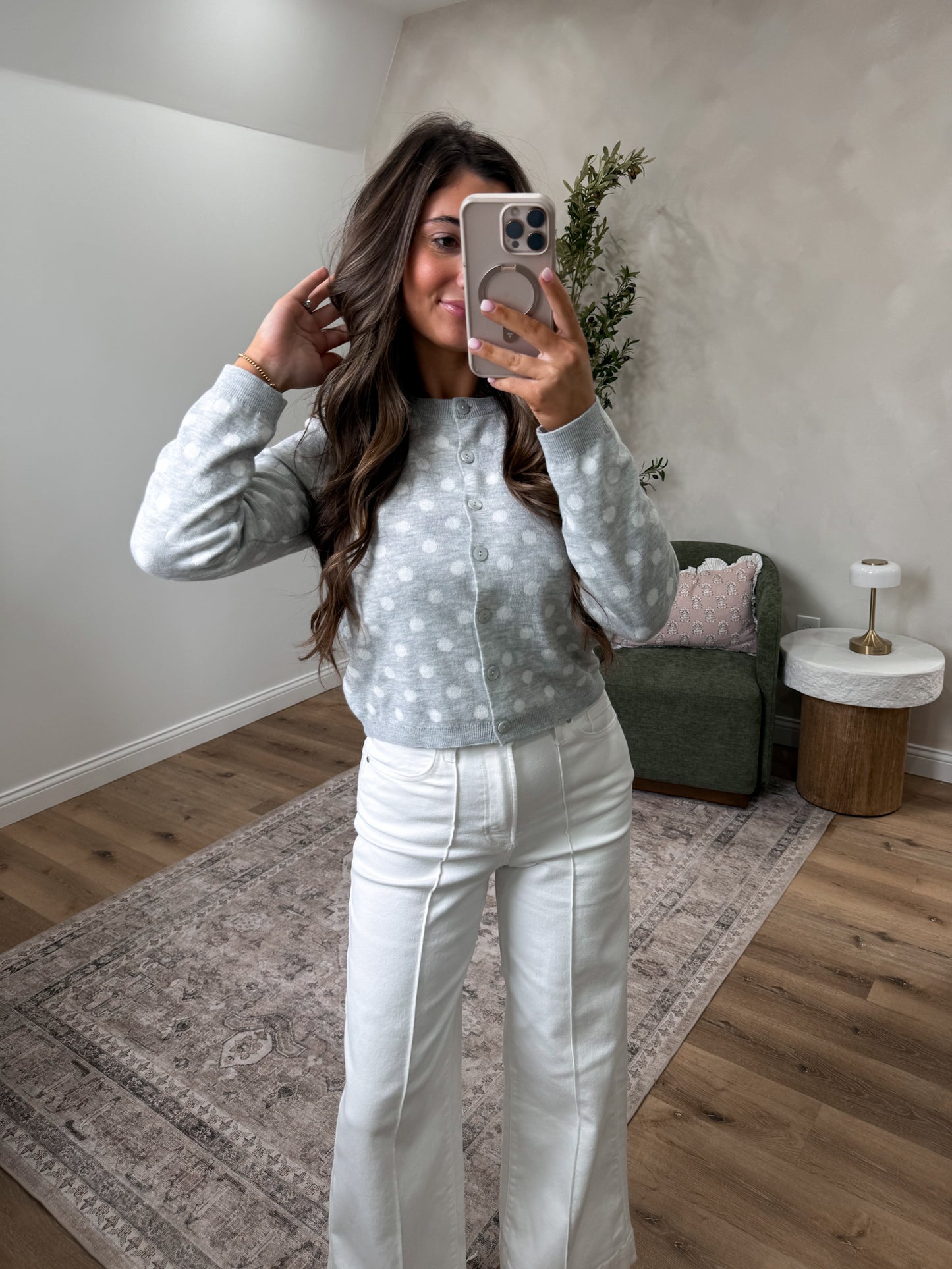 Callie Polka Dot Cropped Cardigan - heather grey