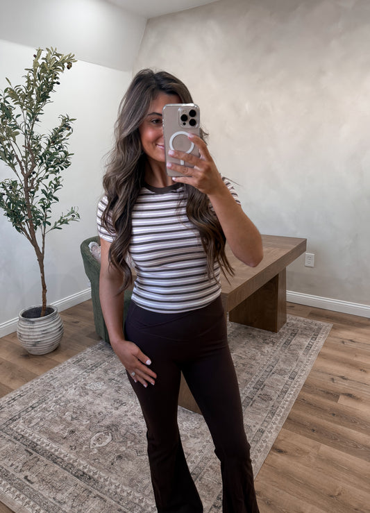 Striped Rayon Ribbed Crop Tee - mocha / pink combo *RESTOCK*