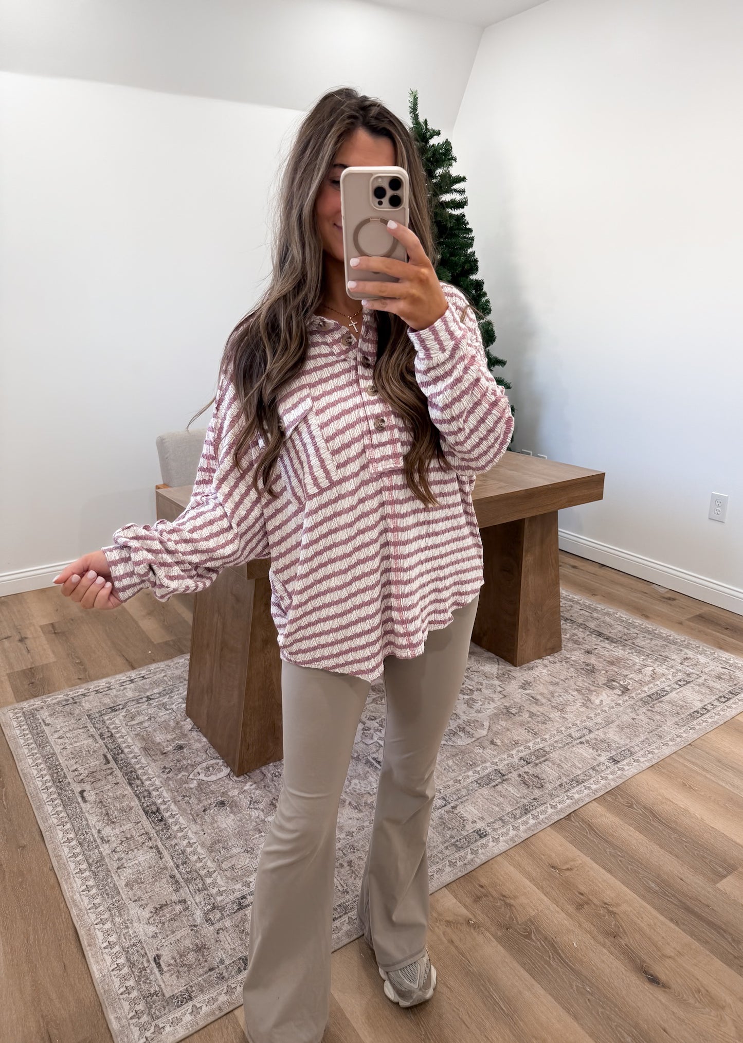 Textured Striped Collared Top- mauve