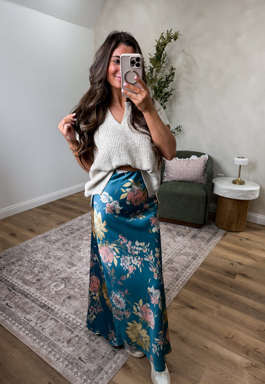 Elegance Floral Maxi Skirt - tropical teal
