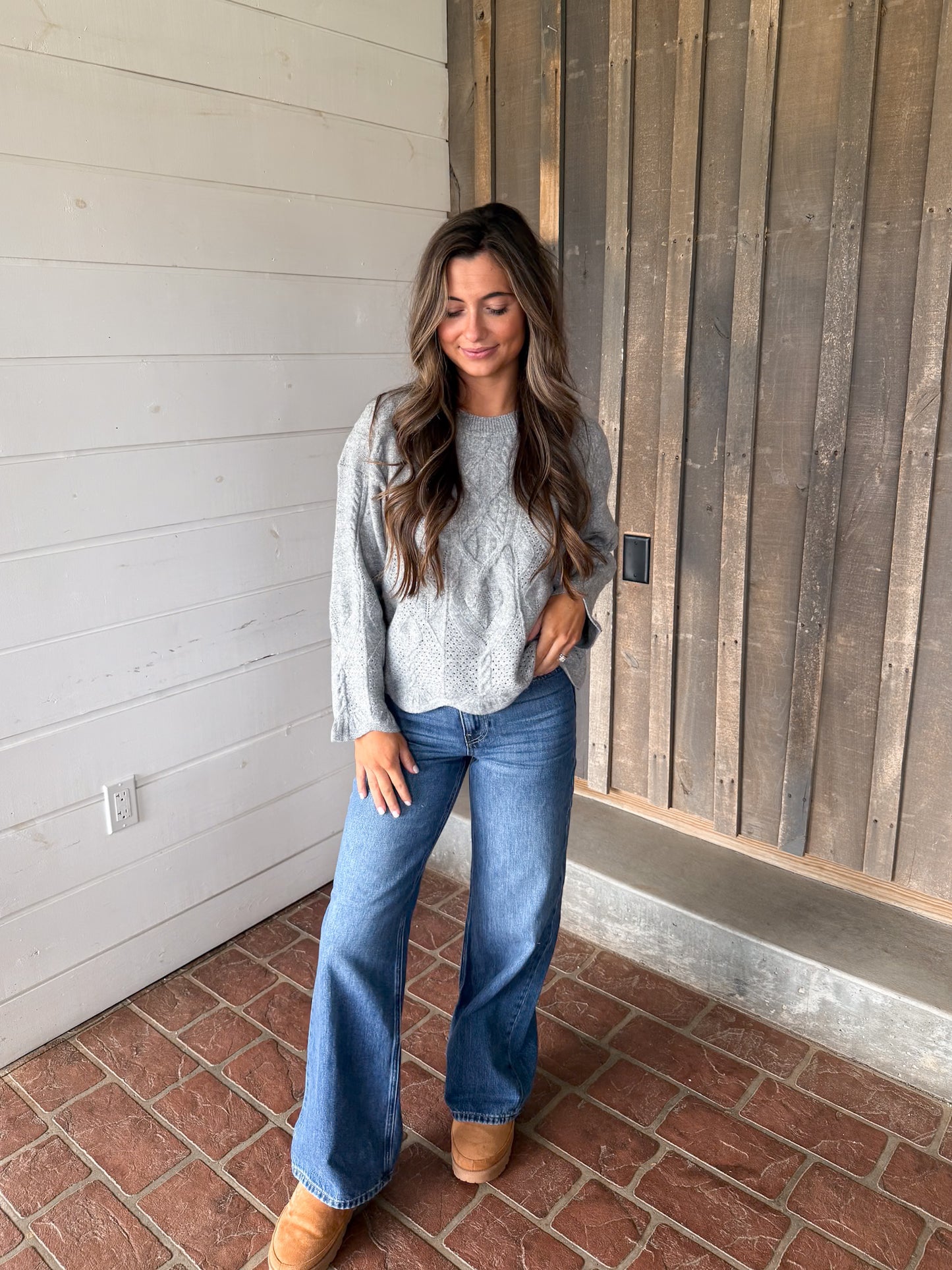 Cable Crewneck Sweater- Heather Grey