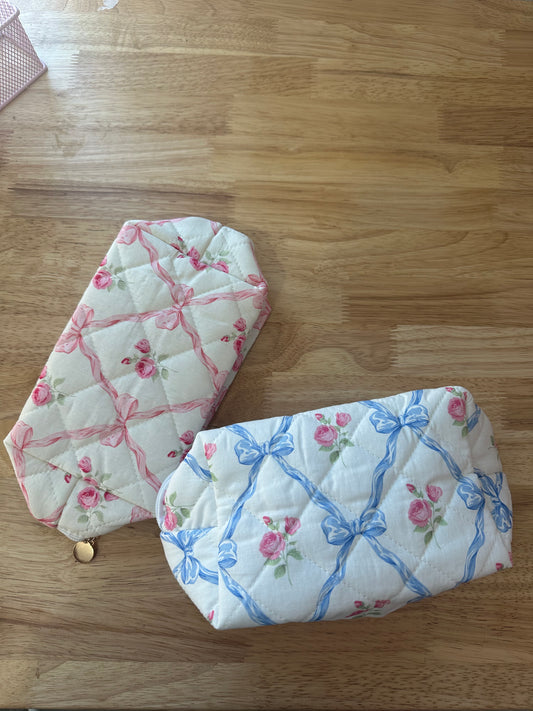 Quilted cosmetic Floral and Ribbon Bags - two colors!