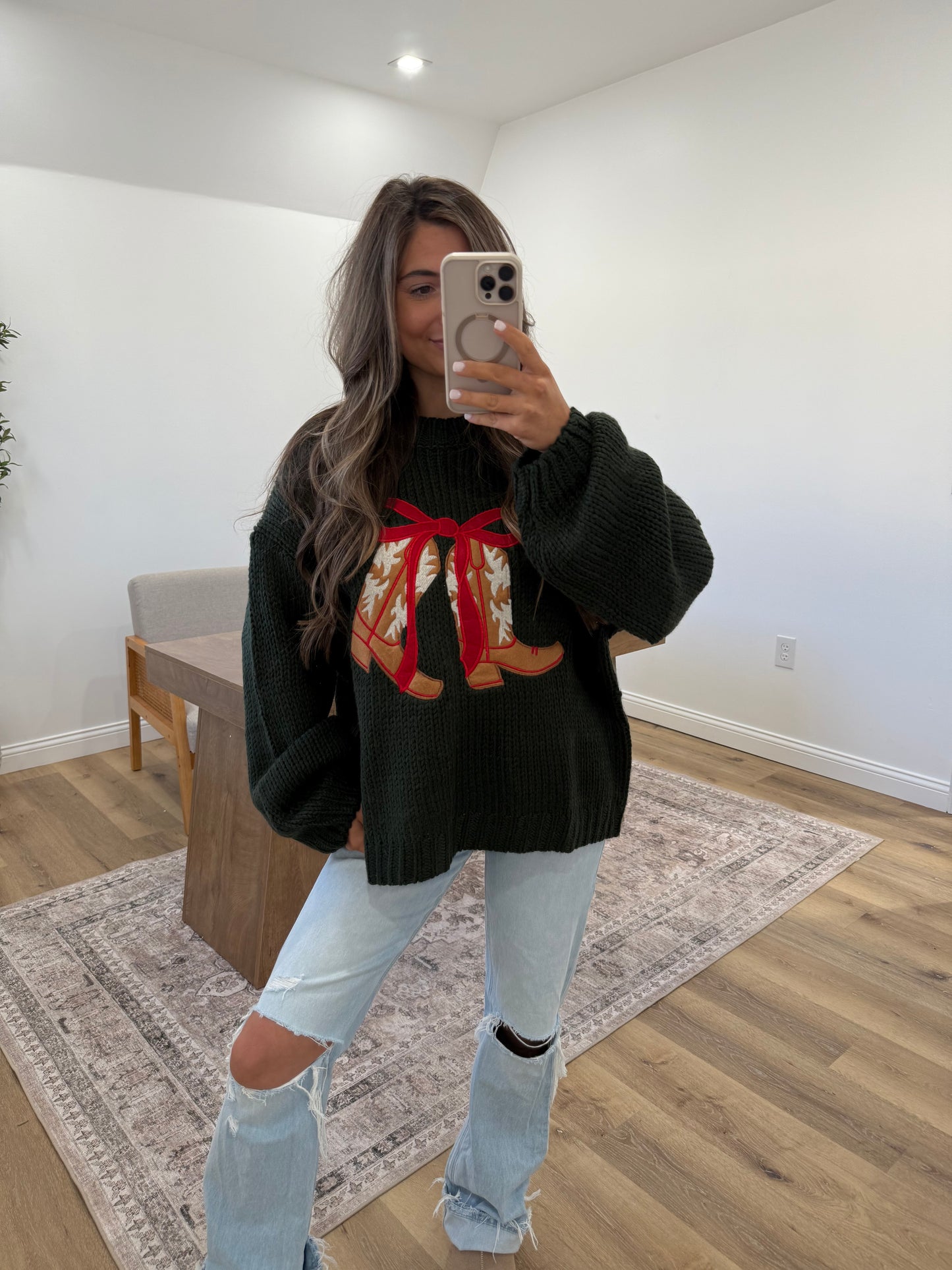 Boots N Bows Sweater- Dark Green