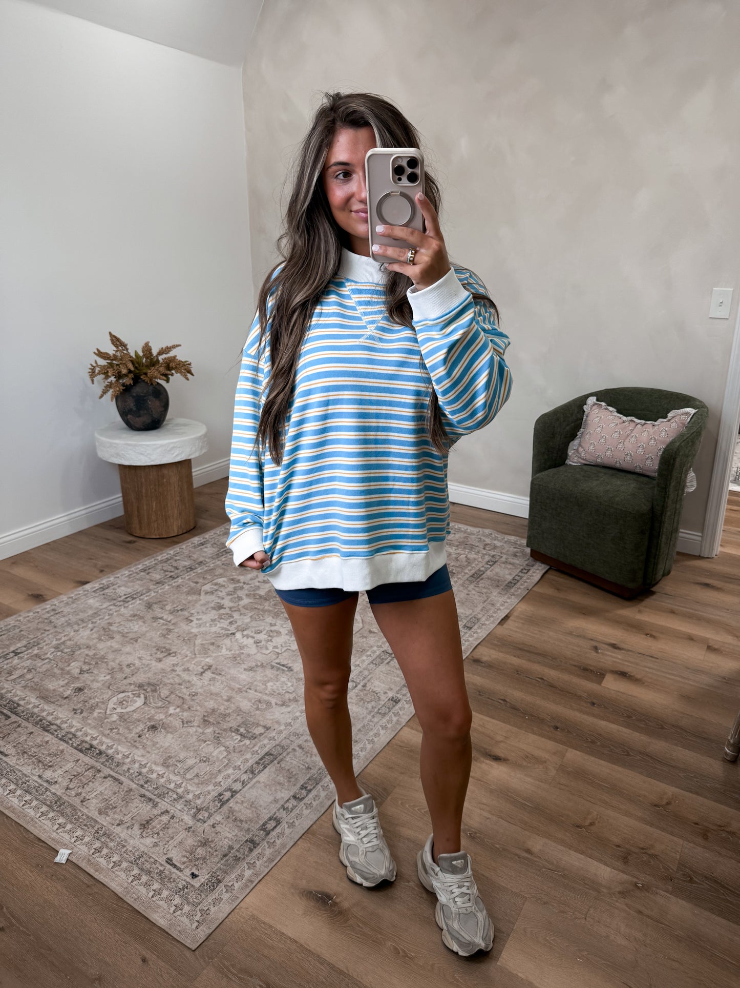 Terry striped Mock Neck Pullover - blue/white
