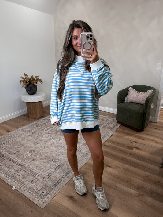 Terry striped Mock Neck Pullover - blue/white