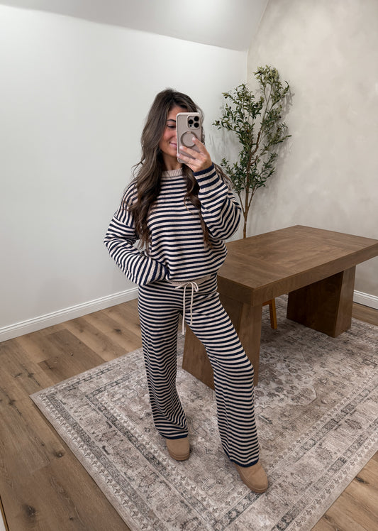 Snow Day Set- Navy/Taupe Striped