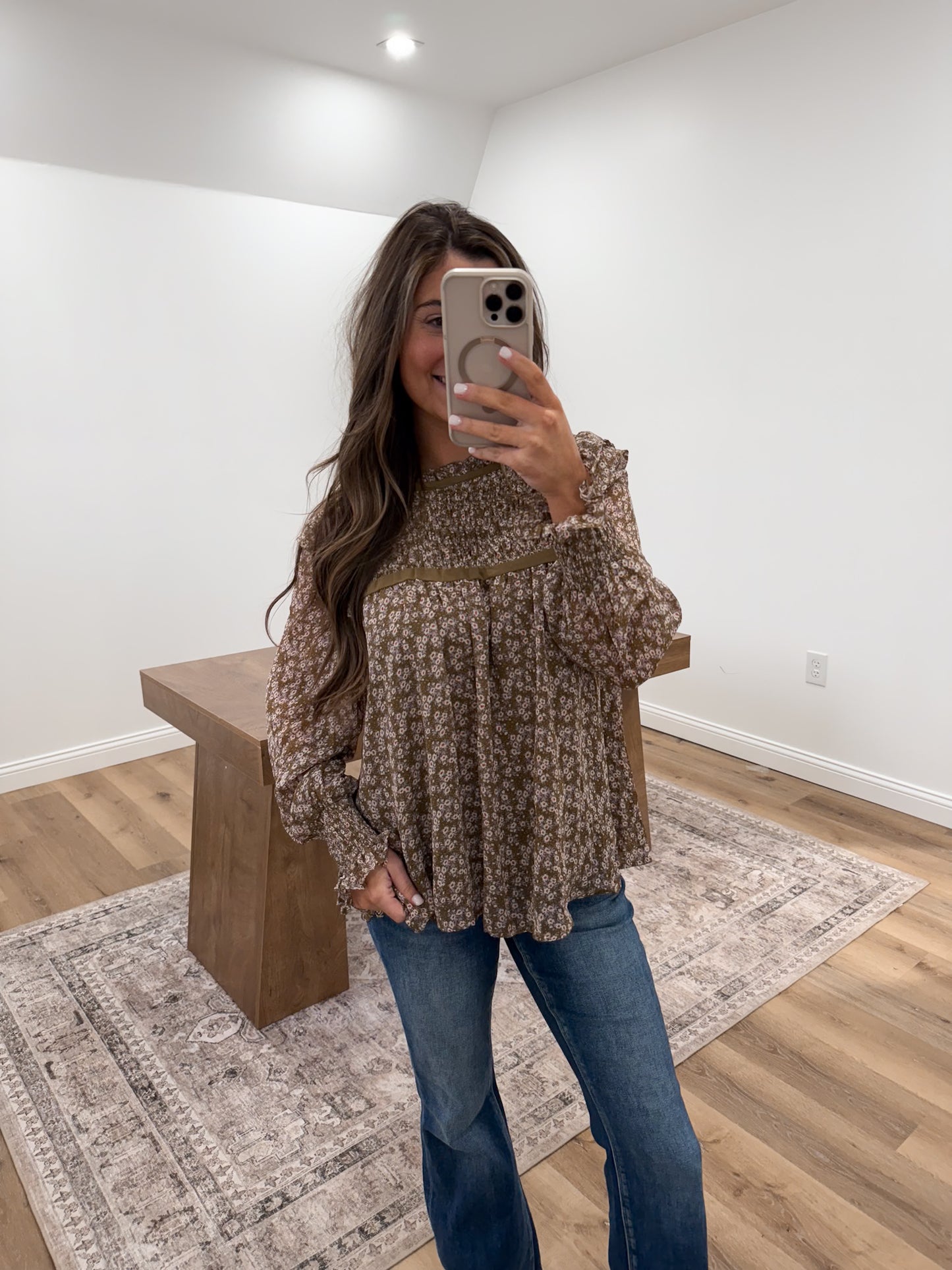Smocked Floral Print Ruffle Neck Blouse