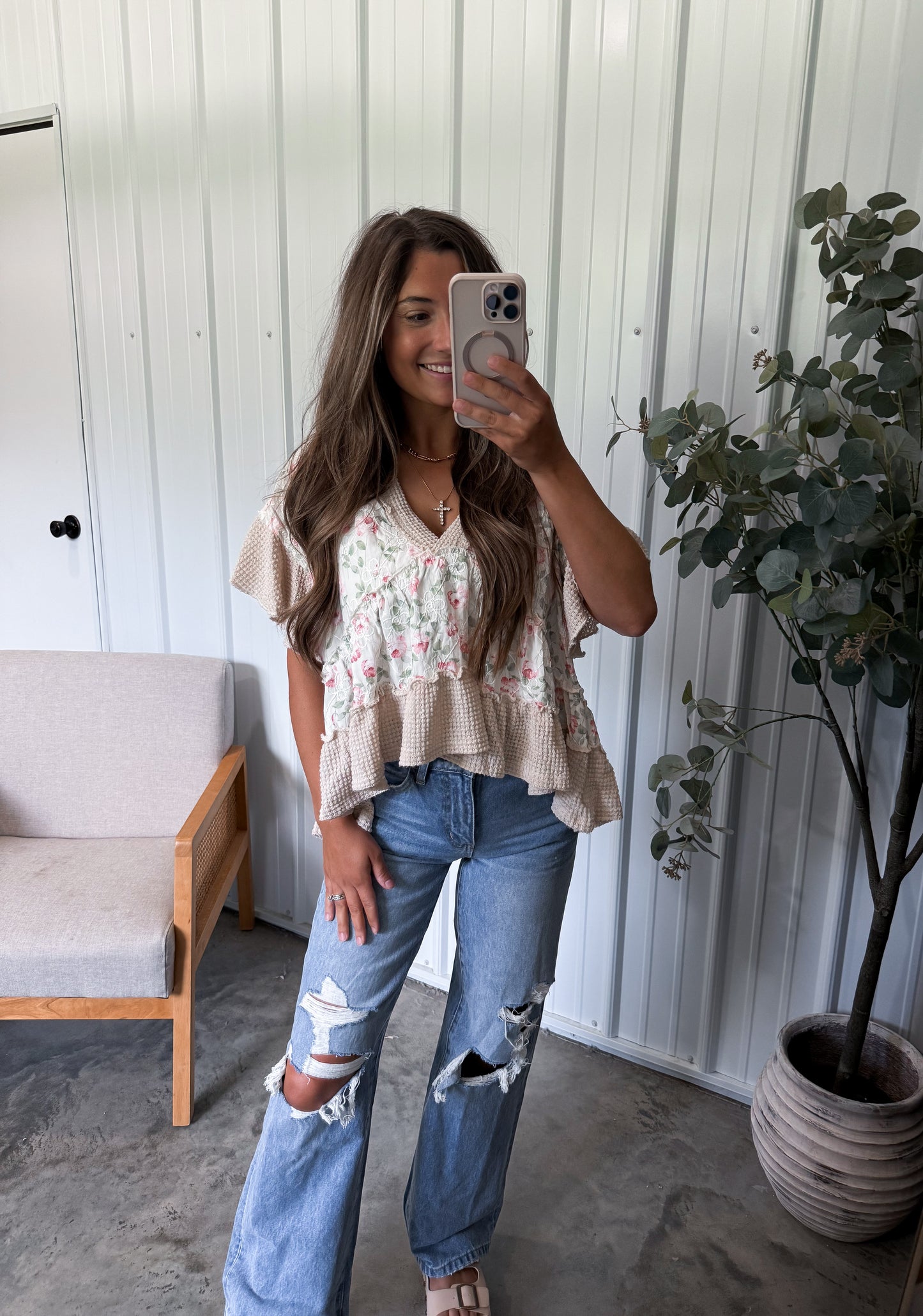 Adrina Woven Ruffle Tee- almond