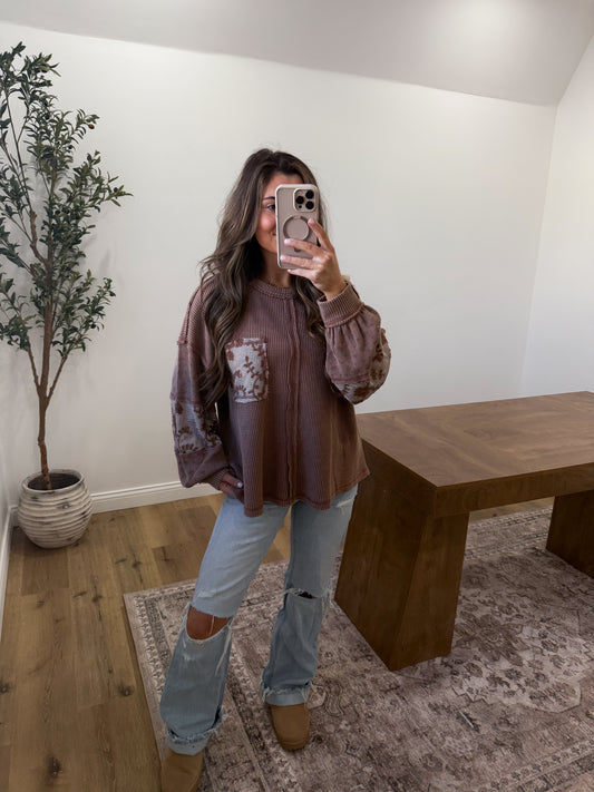 Waffle knit floral & lace blouse -  Mocha