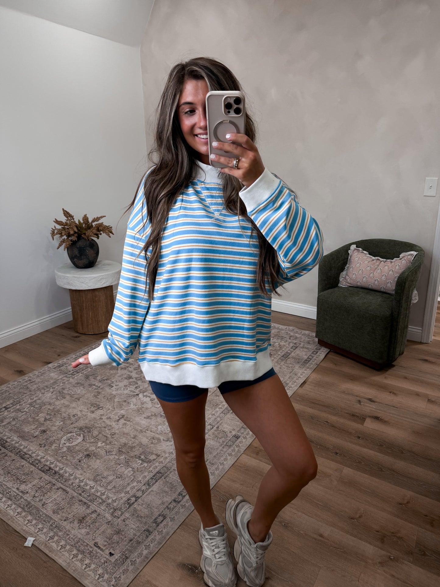 Terry striped Mock Neck Pullover - blue/white