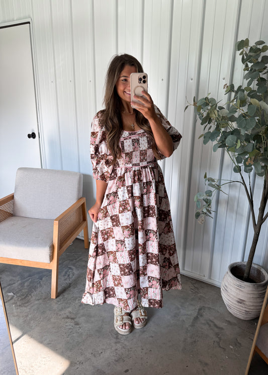 Pink Mocha Checkered Midi Dress