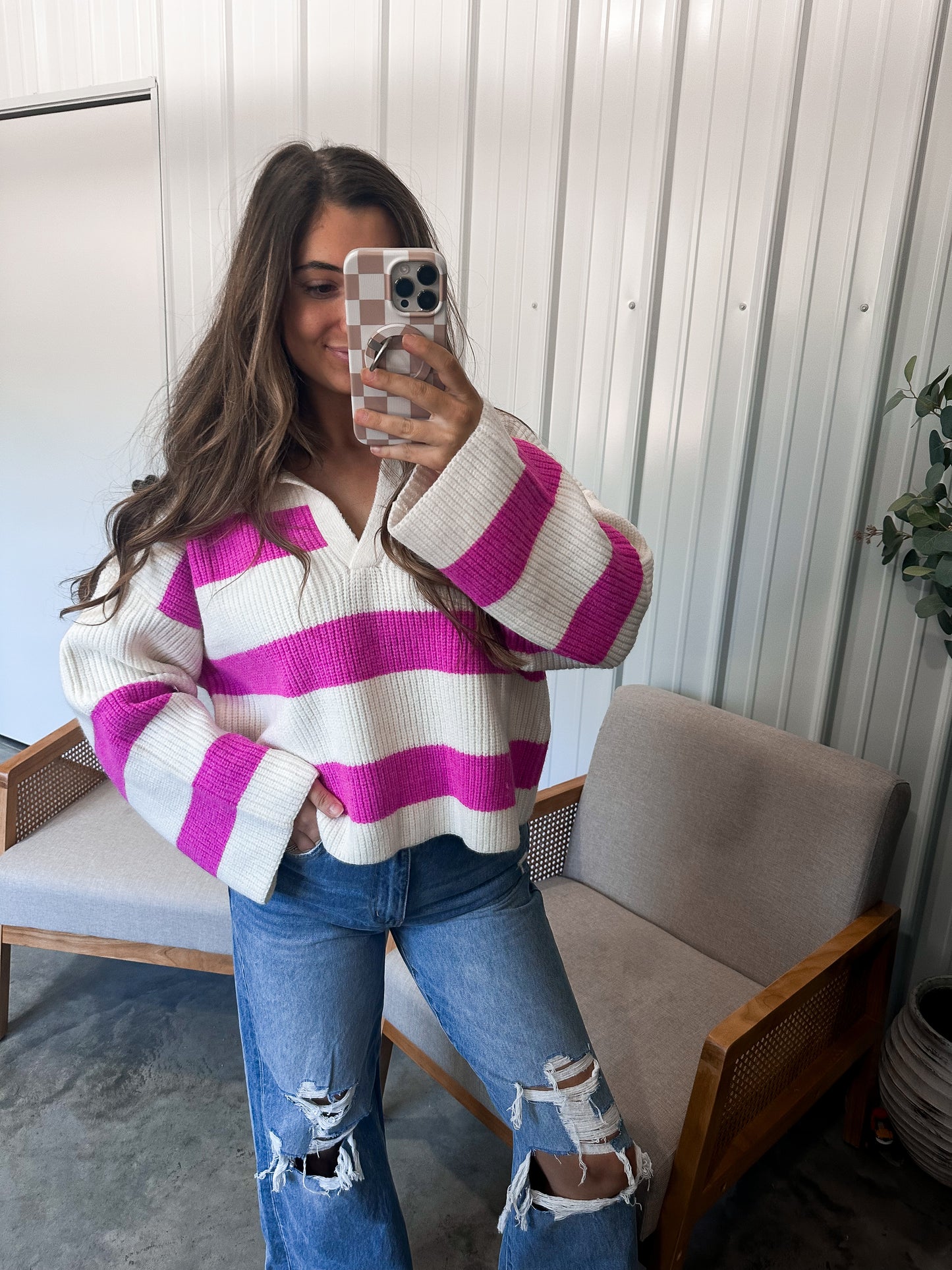 Serena Striped Sweater - Ivory/Fuchsia