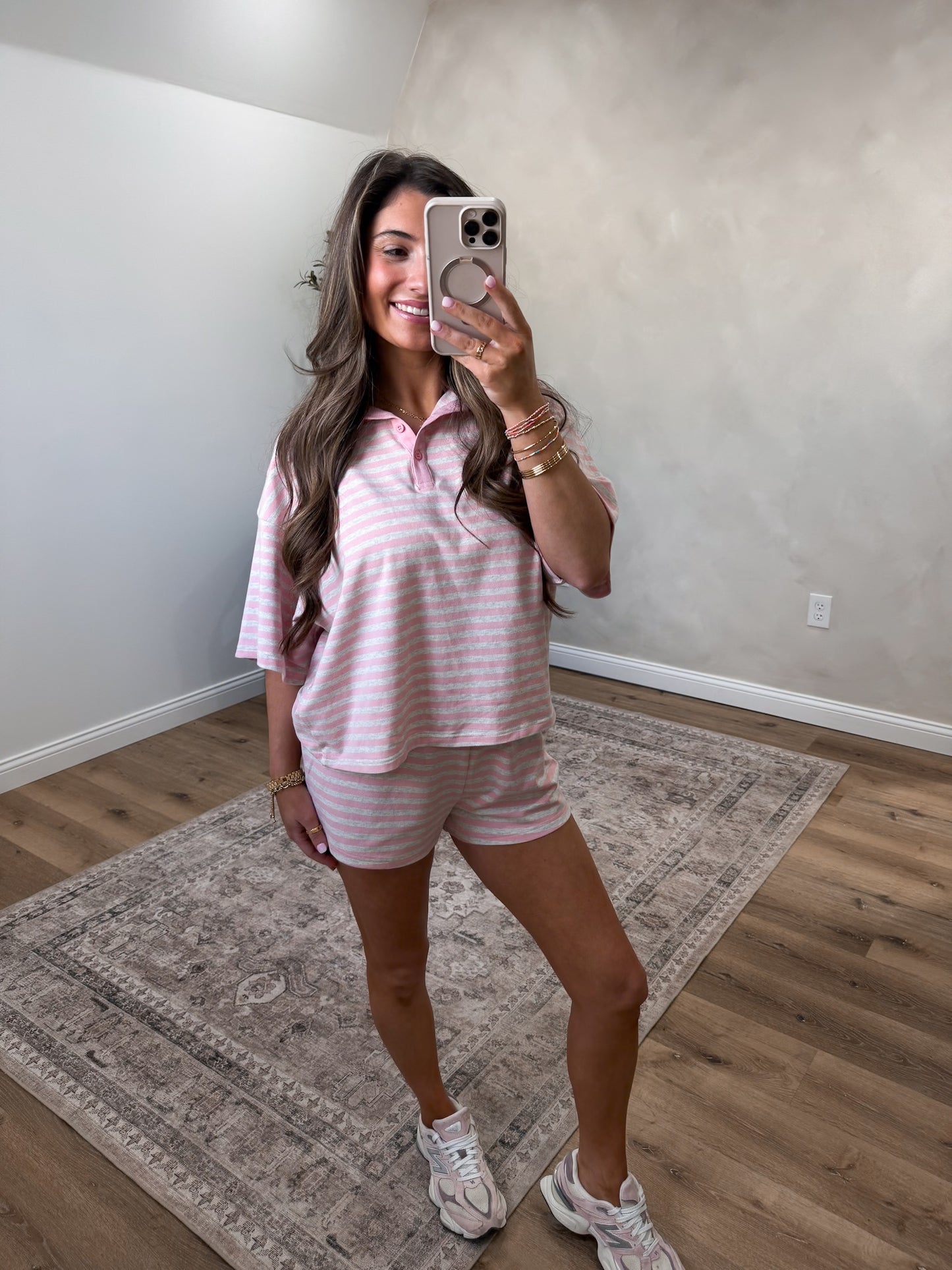 Spring Breeze Striped Shorts Set - pink/grey