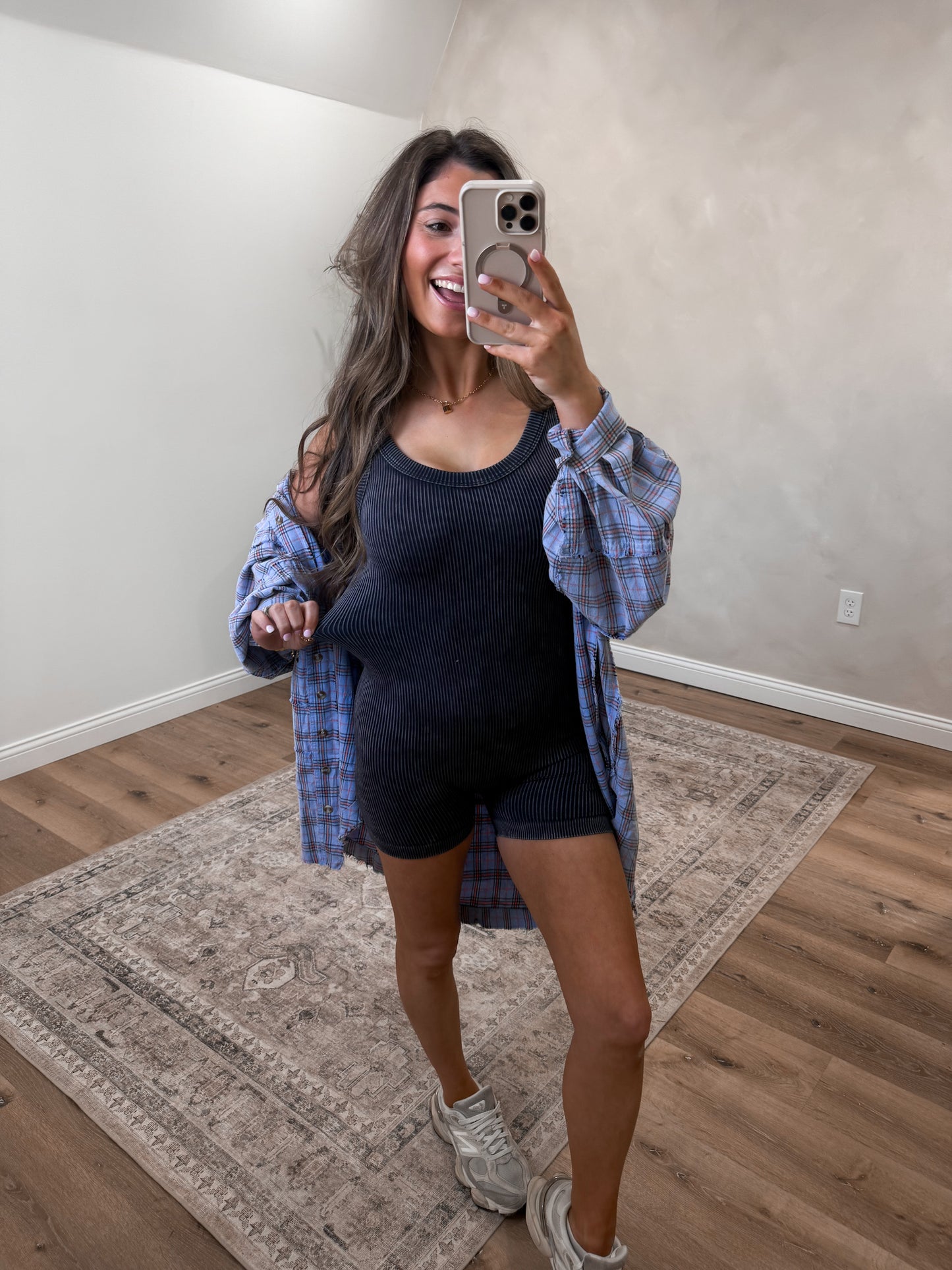 Stone Washed Ribbed Romper- ash black
