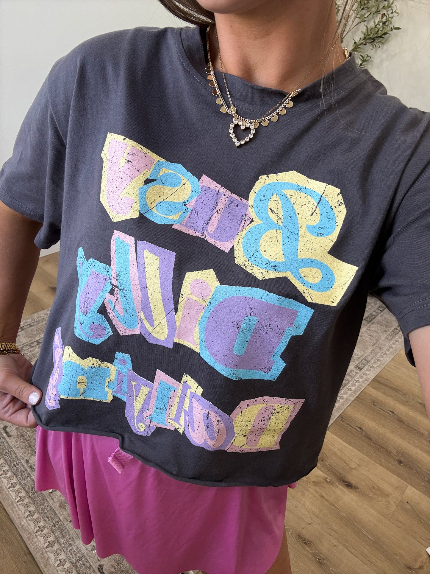 Busy Dilly Dallying Graphic Cropped Tee - charcoal