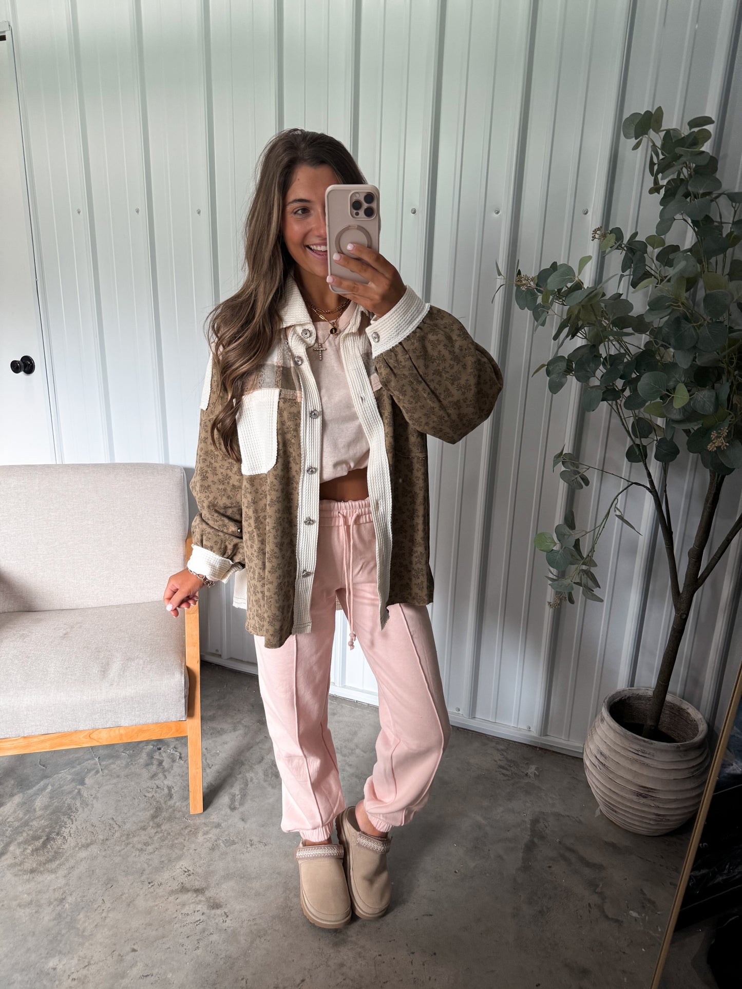 Olivia Patchwork Shacket- Olive/Pink