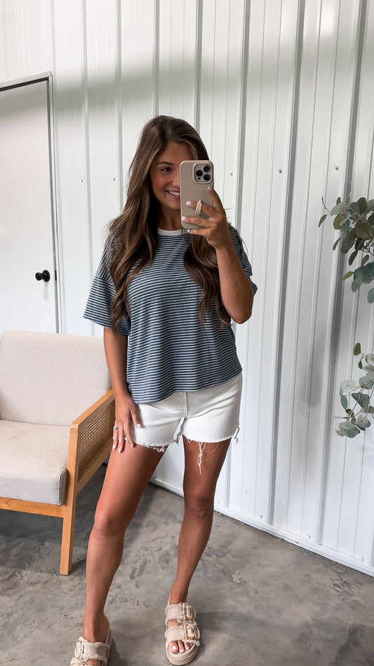 Millie Stripped Boxy Tee- denim