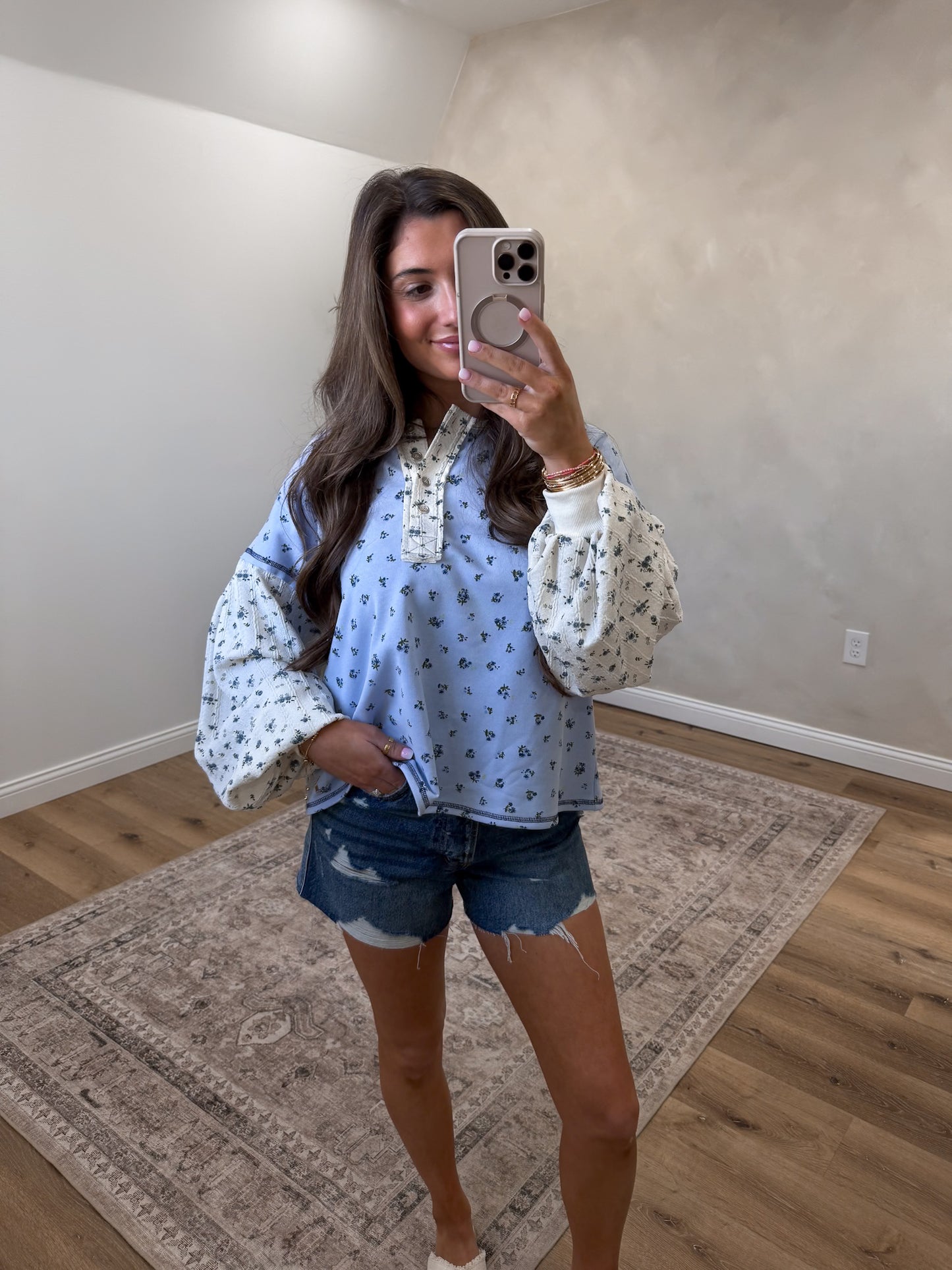 Sky Bloom Buttoned Floral Top - light blue