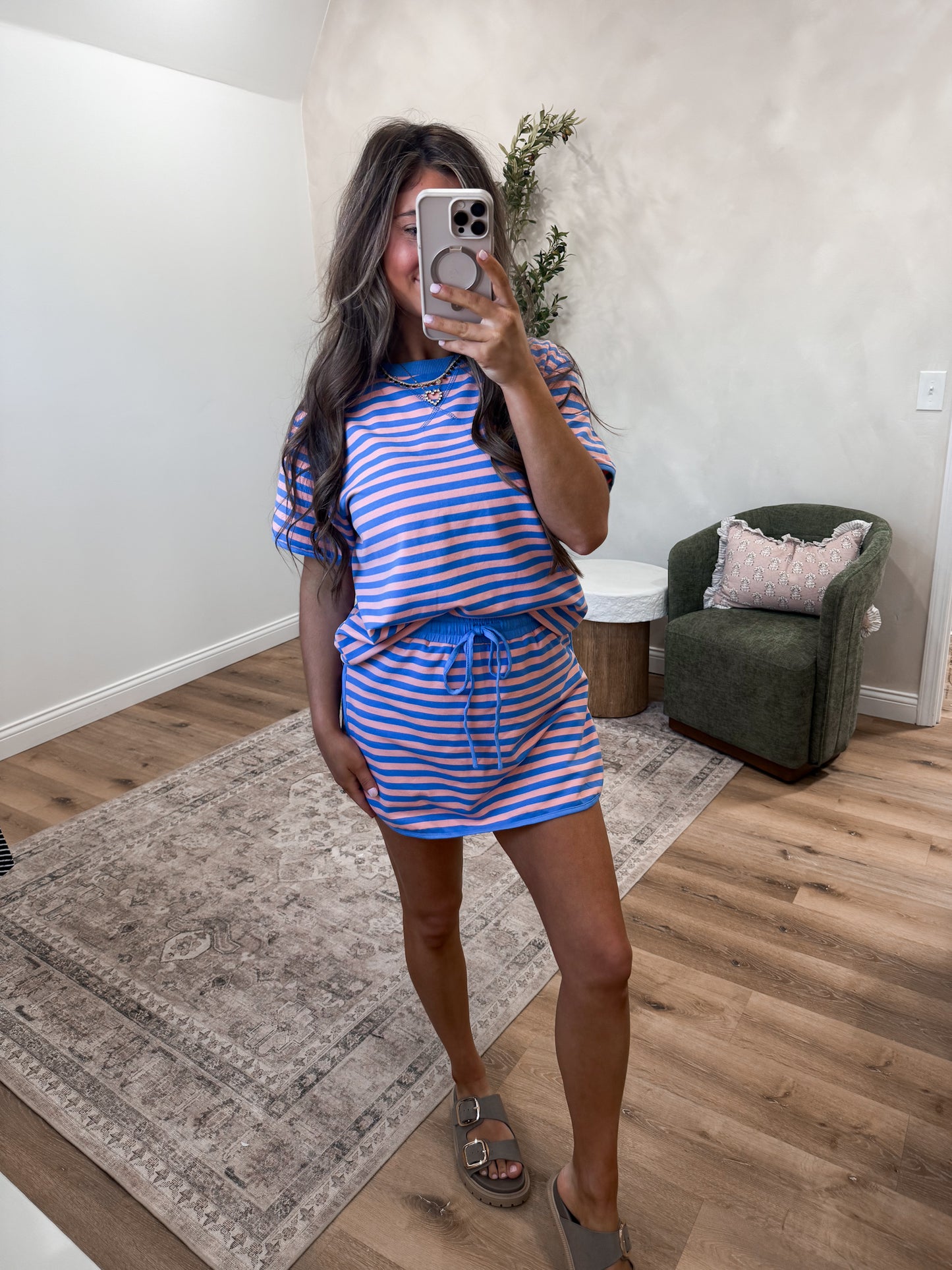 Summer Waves Striped Skort Set - blue/pink