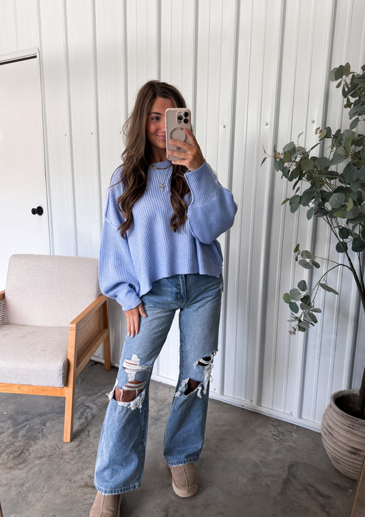 Mallory Mock-Neck Pullover- light blue