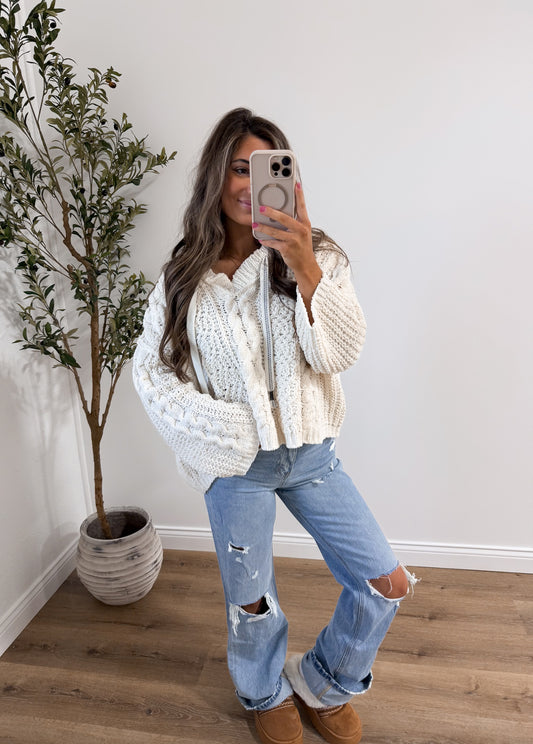 Cabin Fever- Cable Drawstring Hooded Sweater