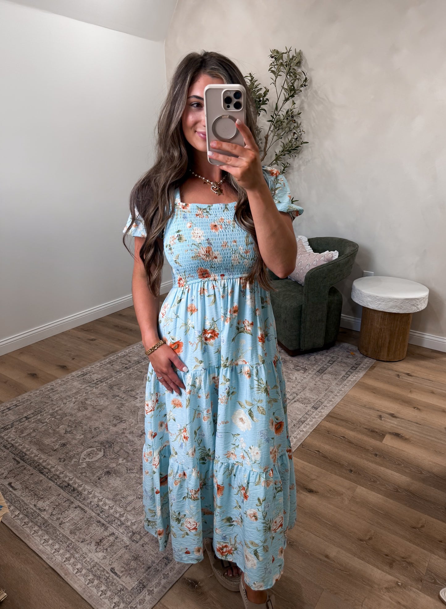 Garden Haze Floral Smocked Midi Dress - mint